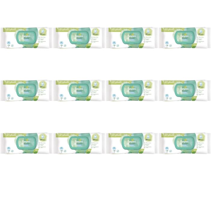 Pampers Harmonie Aqua Baby Water Wipes 48s pack on a clean nursery changing table

