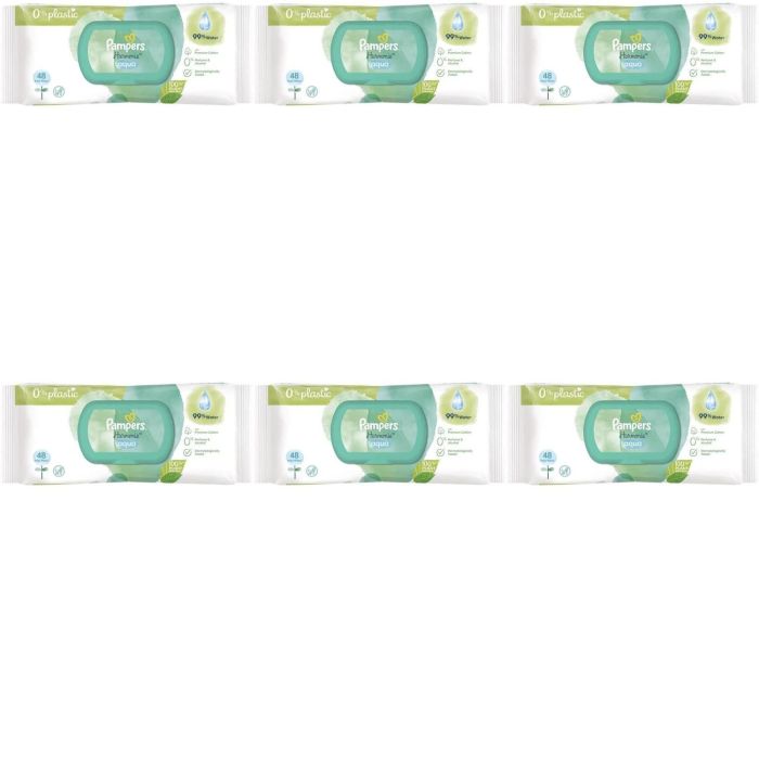 Pampers Harmonie Aqua Baby Water Wipes 48s pack on a clean nursery changing table
