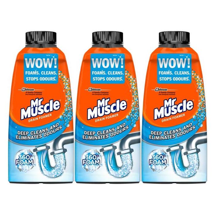 Mr Muscle Odour Eliminator Drain Foamer 500ml bottle on a kitchen counter
