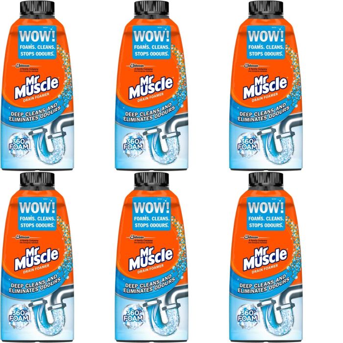 Mr Muscle Odour Eliminator Drain Foamer 500ml bottle on a kitchen counter
