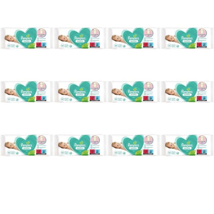 Pampers Sensitive Baby Wipes pack of 52 on a clean changing table
