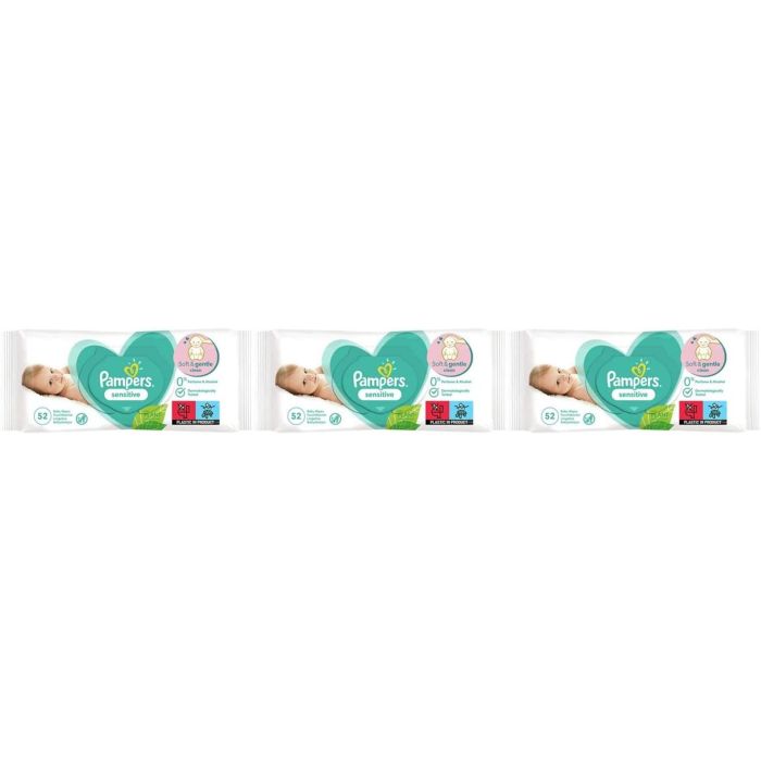 Pampers Sensitive Baby Wipes pack of 52 on a clean changing table

