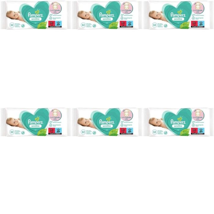 Pampers Sensitive Baby Wipes pack of 52 on a clean changing table
