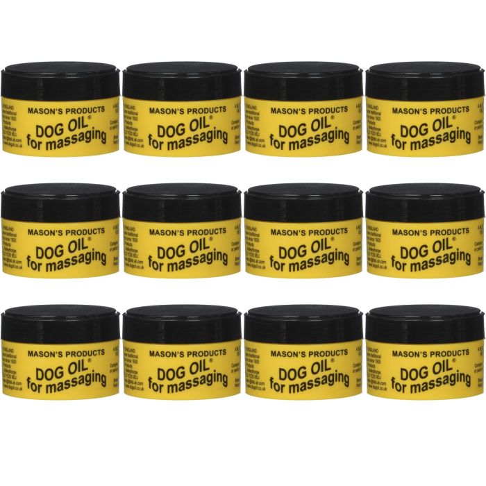 Masons Dog Oil Massaging Balm 100g tub on a wooden surface next to a dog
