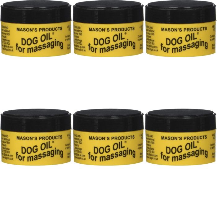Masons Dog Oil Massaging Balm 100g tub on a wooden surface next to a dog
