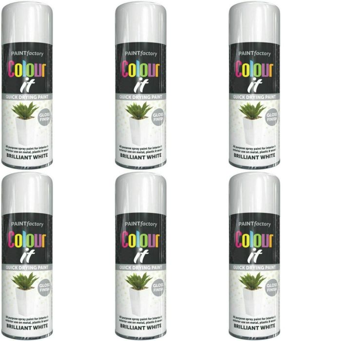 Paint Factory White Gloss Spray Paint Interior & Exterior 250ml - Pack of 6