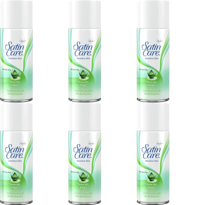 Gillette Satin Care Sensitive Skin Women's Shaving Gel 75ml can on a bathroom shelf
