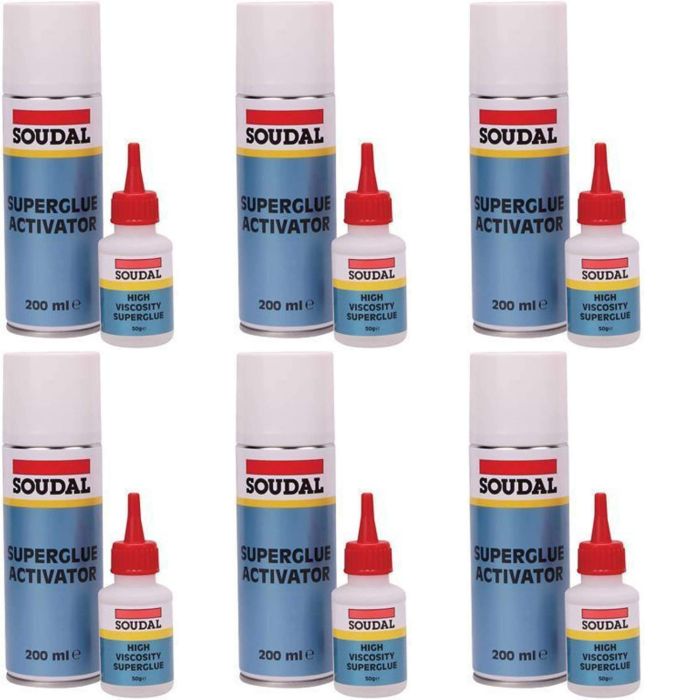 Soudal High Viscosity Superglue 50g and Activator Bonding Mitre Kit 200ml on a workbench
