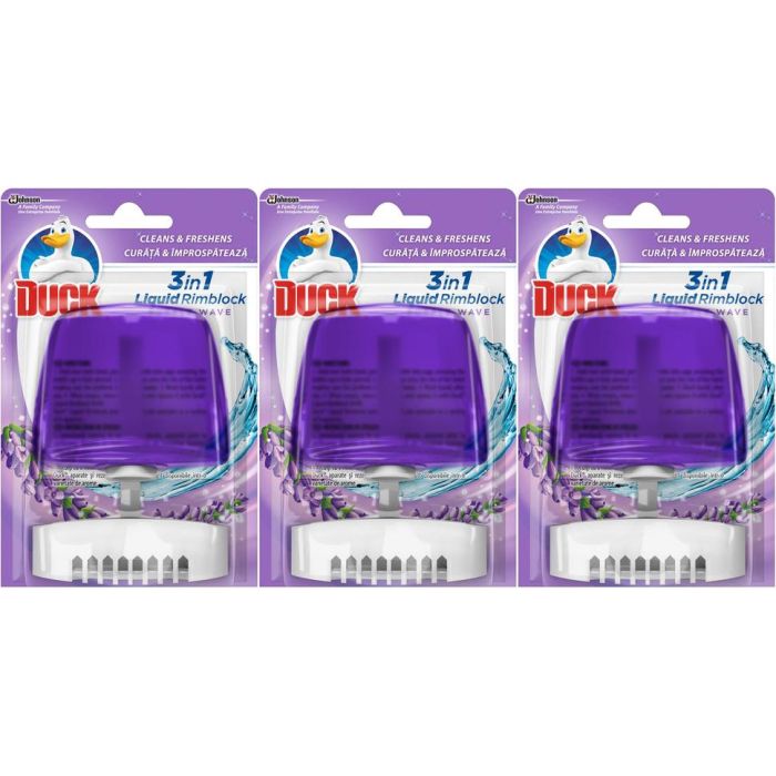 Toilet Duck Purple Wave Rimblock Holder 55ml clipped onto a toilet rim
