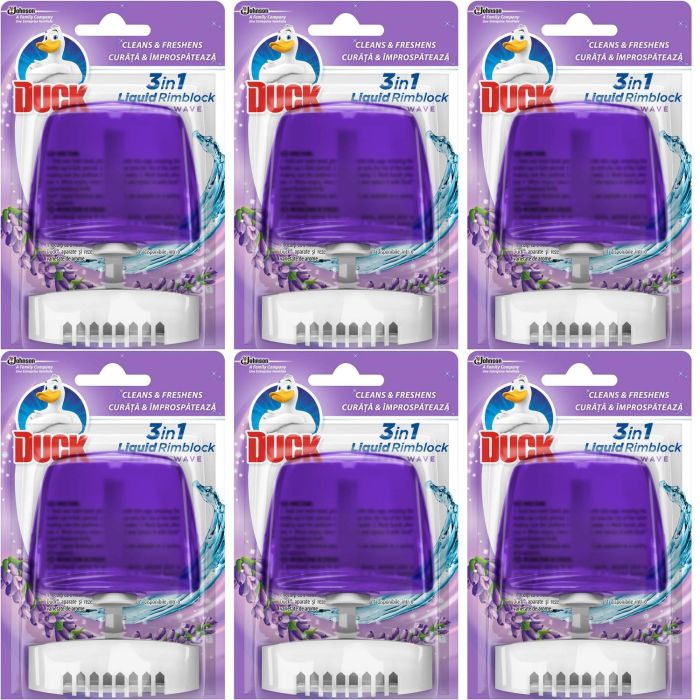 Toilet Duck Purple Wave Rimblock Holder 55ml clipped onto a toilet rim
