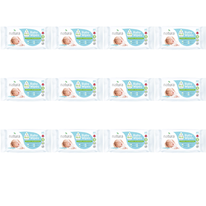 Natura Baby Wipes Sensitive Newborn Biodegradable 60 Wipes pack on a nursery shelf
