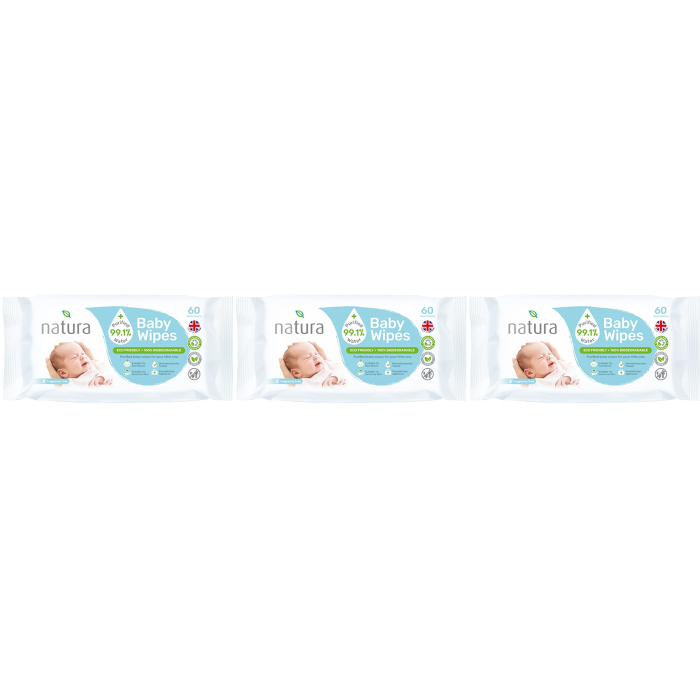 Natura Baby Wipes Sensitive Newborn Biodegradable 60 Wipes pack on a nursery shelf
