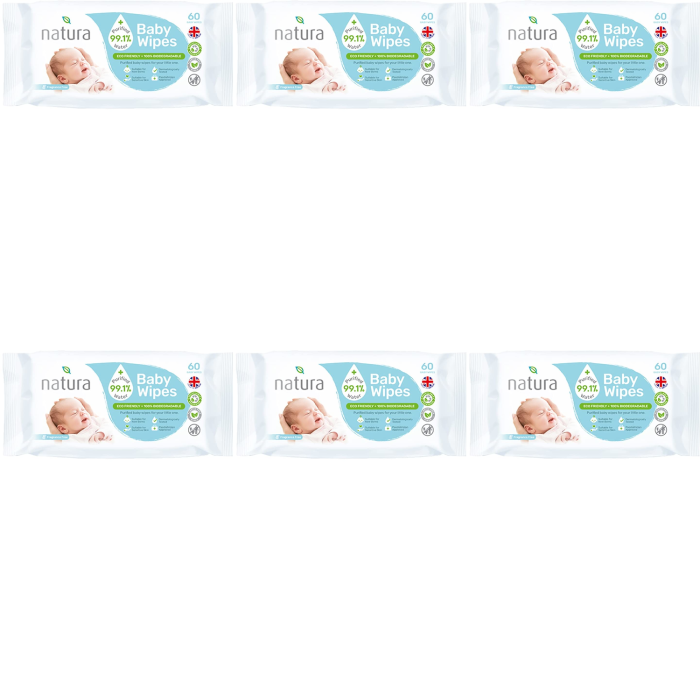 Natura Baby Wipes Sensitive Newborn Biodegradable 60 Wipes pack on a nursery shelf
