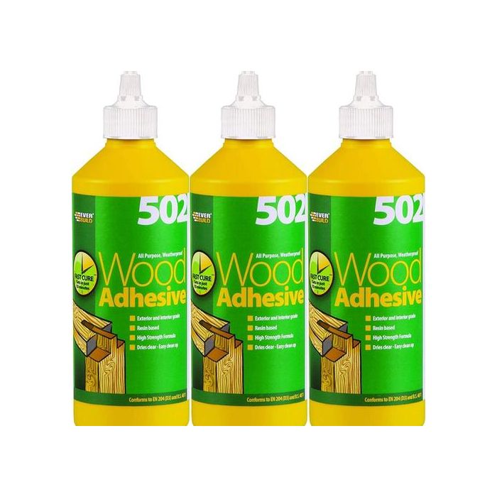 Everbuild 502 All Purpose Weatherproof Wood Adhesive Bottle 500ml - Pack of 3