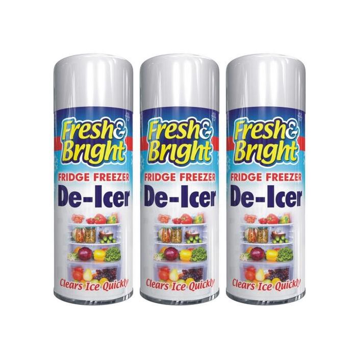 Fresh & Bright Fridge Freezer Anti-Bacterial De Icer Spray 200ml bottle on a kitchen counter
