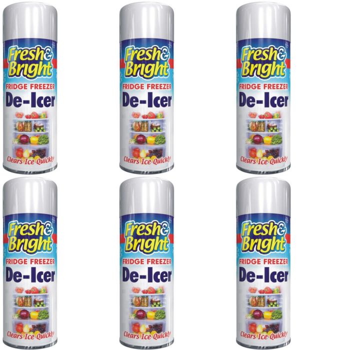 Fresh & Bright Fridge Freezer Anti-Bacterial De Icer Spray 200ml bottle on a kitchen counter
