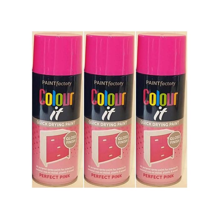 Paint Factory Colour It Quick Drying Spray Perfect Pink Gloss Finish 400ml - Pack of 3