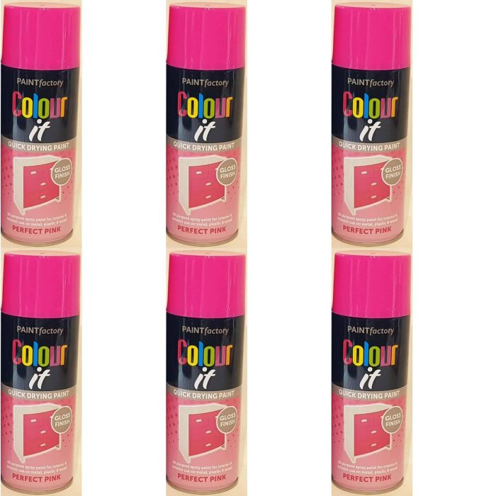 Paint Factory Colour It Quick Drying Spray Perfect Pink Gloss Finish 400ml - Pack of 6