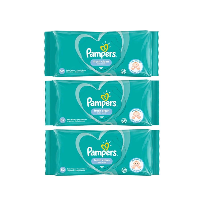 Pampers Fresh Clean Baby Wipes pack of 52 on a clean changing table surface
