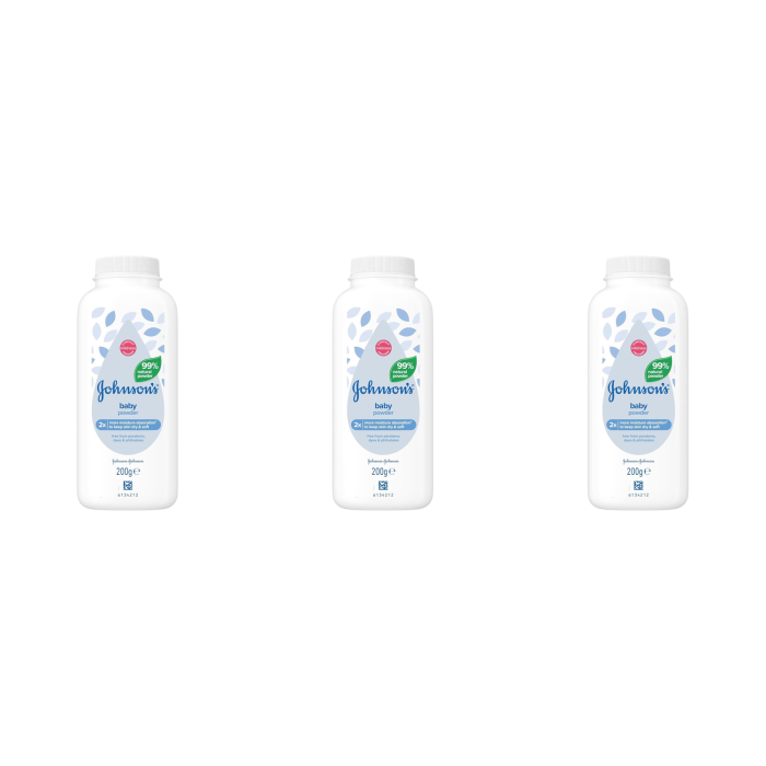 Johnson's Baby Powder Natural 200g bottle on a clean changing table surface
