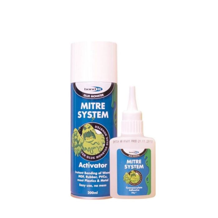 Bond It superglue and activator kit being used to bond a mitre joint on skirting board
