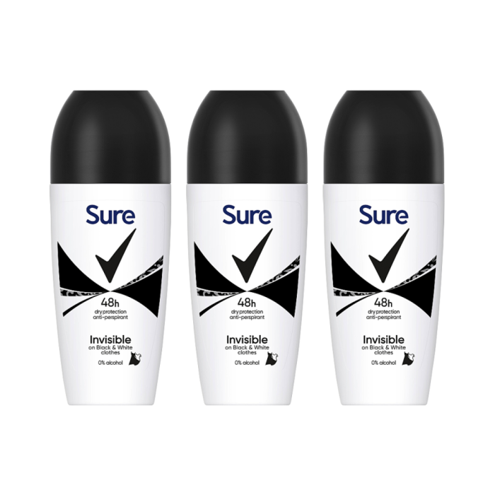 Sure Roll On Anti Perspirant Invisible Pure For Women 48 Hour 50ml - Pack of 3