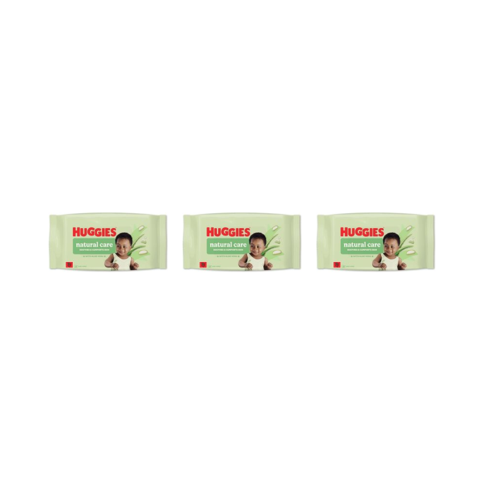Huggies Natural Care Baby Wipes pack of 48 on a clean nursery changing table
