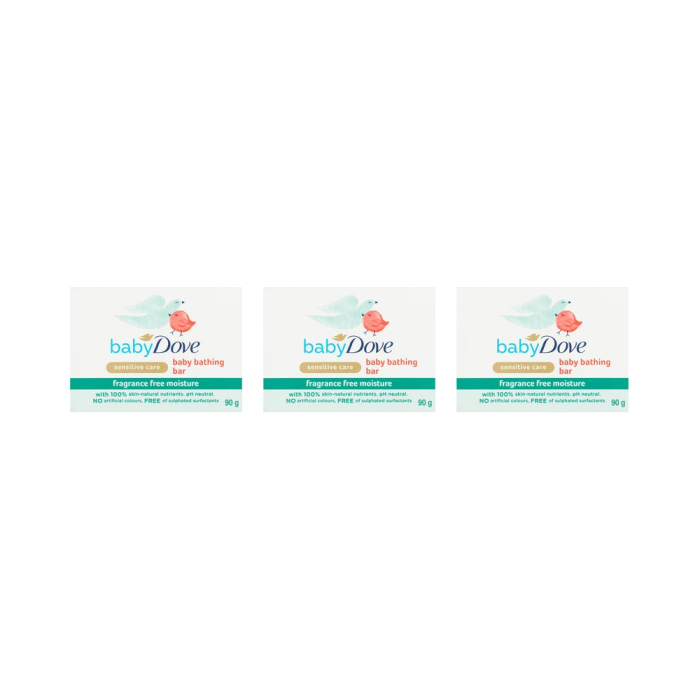 Dove Sensitive Care Baby Bar Soap Fragrance Free 4 x 90g bars on a bathroom shelf
