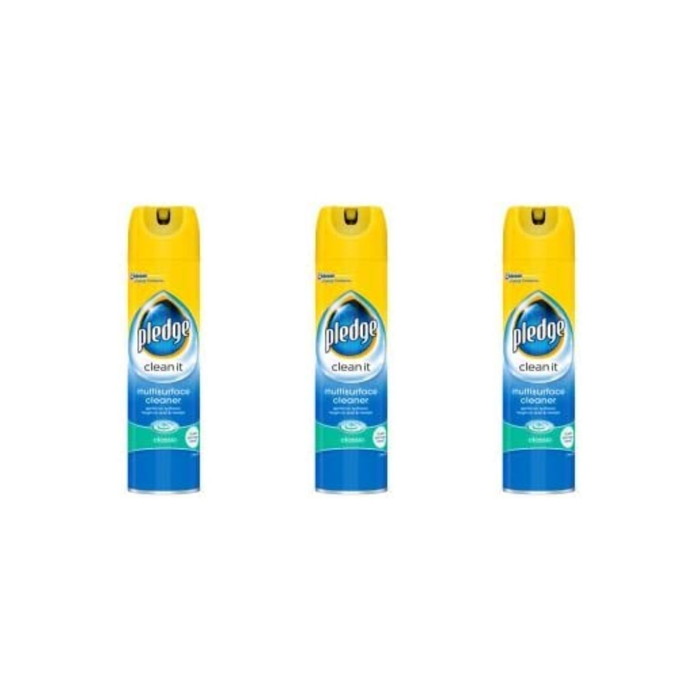 Pledge Clean It Multi Surface Classic Cleaner 250ml spray bottle on a kitchen counter
