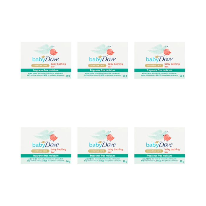 Dove Sensitive Care Baby Bar Soap Fragrance Free 4 x 90g bars on a bathroom shelf
