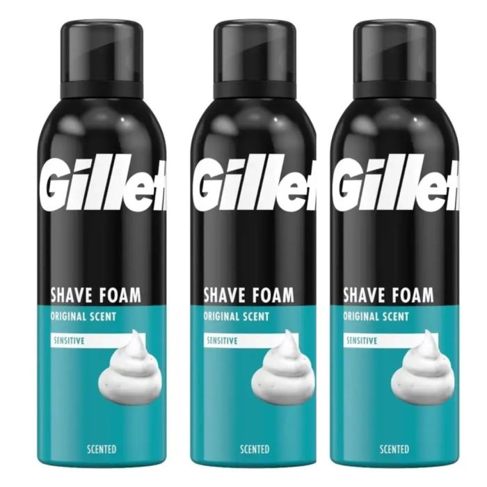 Gillette Shaving Foam Original Scent Sensitive Skin 200ml can on a bathroom shelf
