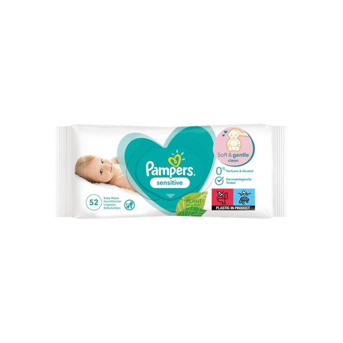 Pampers Sensitive Baby Wipes pack of 52 on a clean changing table
