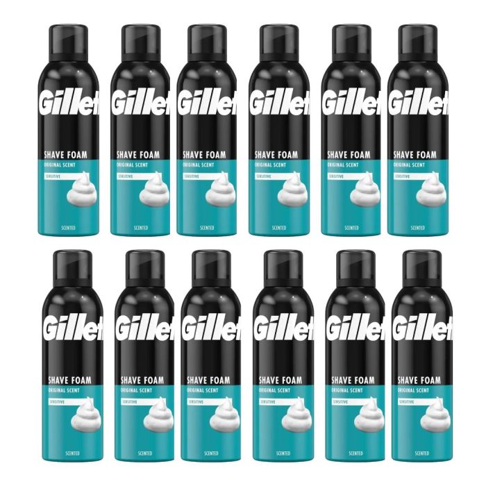 Gillette Shaving Foam Original Scent Sensitive Skin 200ml can on a bathroom shelf
