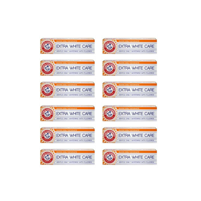 Arm & Hammer Extra White Care Toothpaste 125g tube on a clean bathroom shelf
