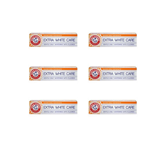 Arm & Hammer Extra White Care Toothpaste 125g tube on a clean bathroom shelf

