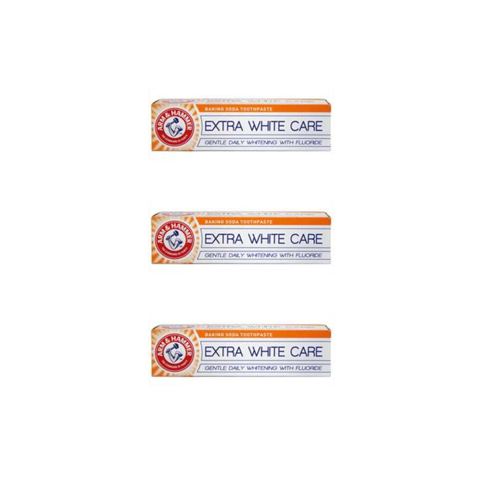 Arm & Hammer Extra White Care Toothpaste 125g tube on a clean bathroom shelf
