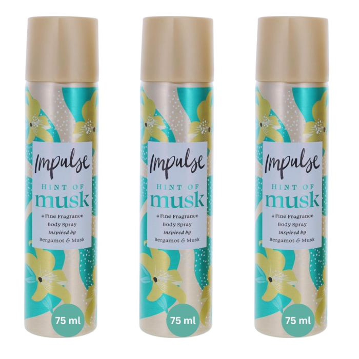 Impulse Hint of Musk Women's Body Spray 75ml compact can on a dressing table
