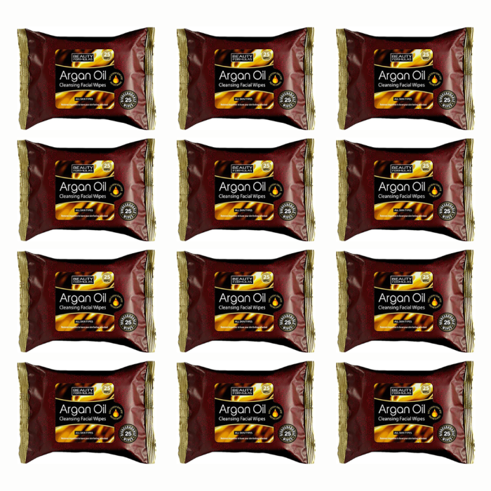 Beauty Formulas Argan Oil Cleansing Facial Wipes Pack of 25 - Pack of 12
