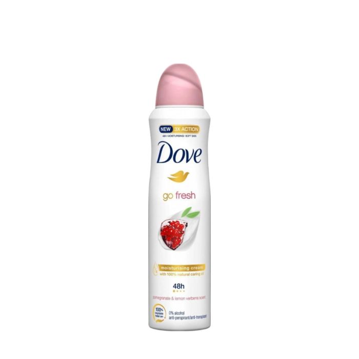 Dove Go Fresh Pomegranate Antiperspirant Deodorant Spray 250ml can on bathroom shelf
