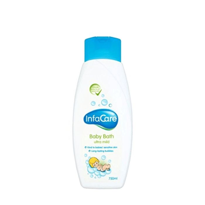 Infacare Baby Bath Ultra-Mild Bubble Shampoo 750ml bottle on a bathroom shelf
