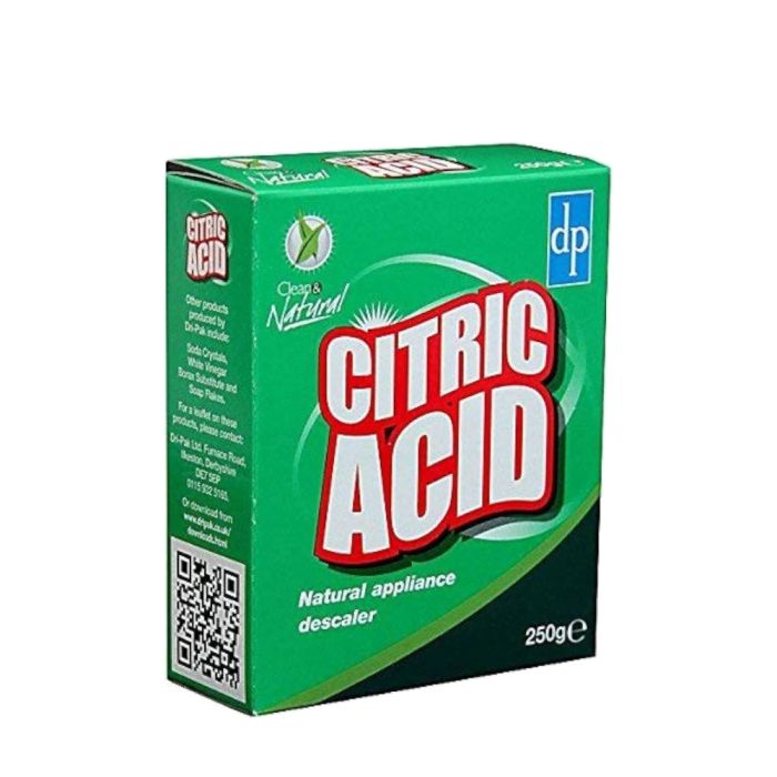 Dri-Pak Citric Acid for Cleaning 250g pack on a kitchen counter next to a kettle
