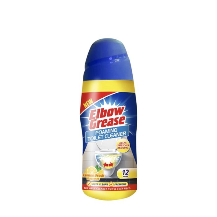 Elbow Grease Foaming Toilet Cleaner Powder Lemon Fresh 500g tub on a bathroom shelf
