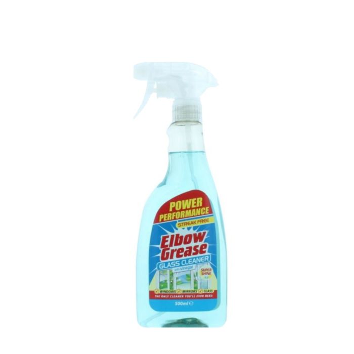 Elbow Grease Streak Free Glass and Mirror Cleaner 500ml spray bottle on a windowsill
