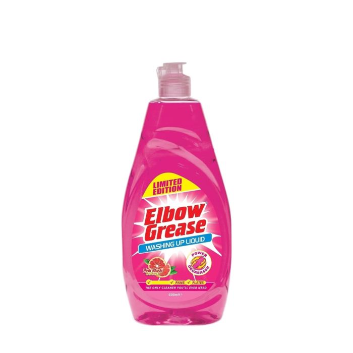 Elbow Grease Pink Blush Washing Up Liquid 600ml bottle beside a kitchen sink
