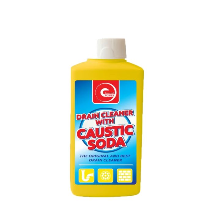 Essential Power Drain Cleaner With Caustic Soda 500g tub on a utility room shelf
