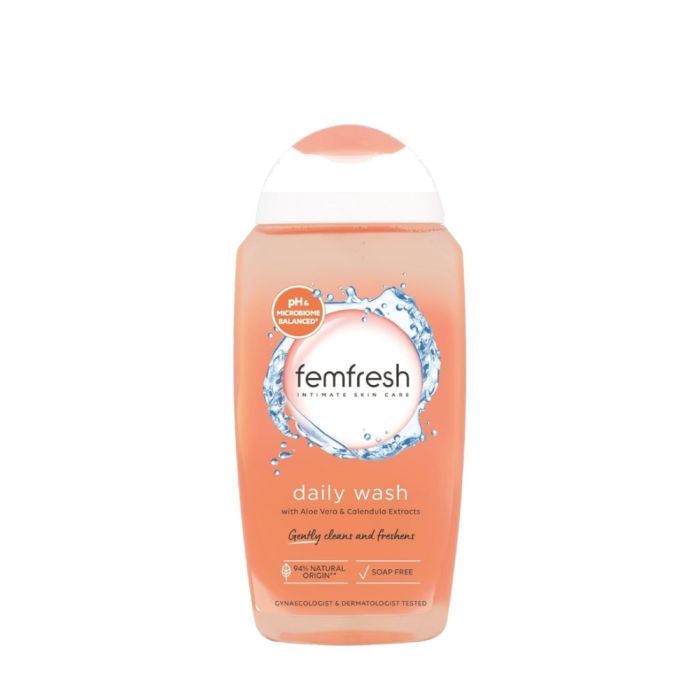 Femfresh Intimate Skincare Daily Wash 250ml bottle on a clean bathroom shelf
