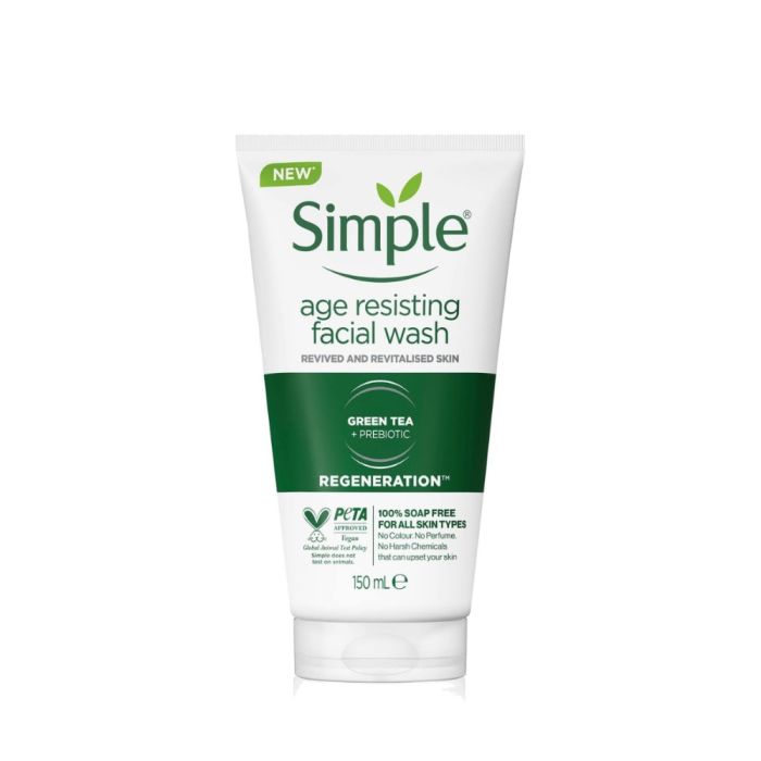 Simple Regeneration Age Resisting Facial Wash 150ml tube on a clean bathroom shelf
