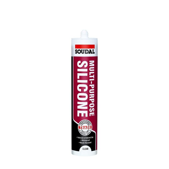 Soudal Multi Purpose Clear Silicone Sealant 270ml cartridge on a workbench
