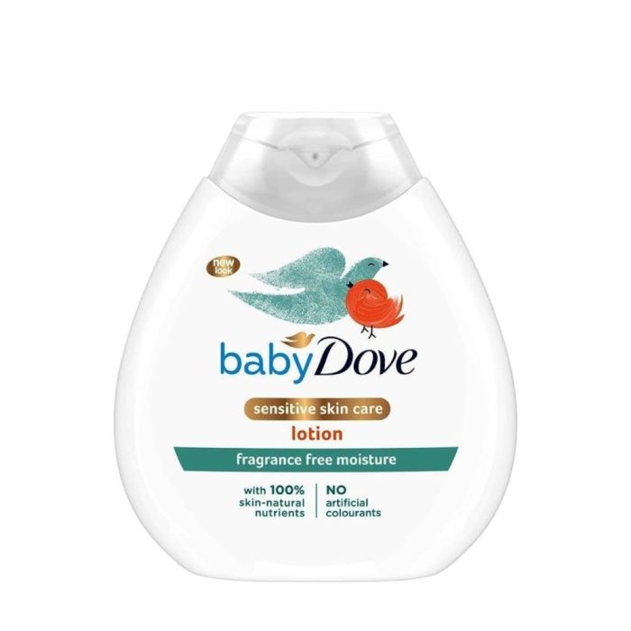Baby Dove Sensitive Moisture Fragrance Free Lotion 200ml bottle on a nursery shelf
