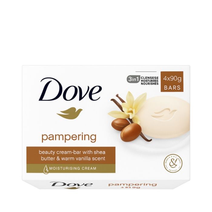 Dove Pampering Shea Butter and Vanilla Soap Bars pack of 4 × 90g on white background
